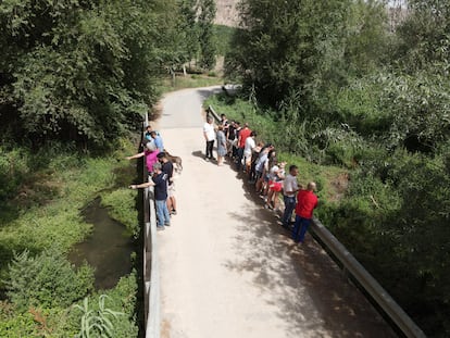 Un grupo de vecinos de la zona en un puente que cruza el río Fardes, en El Bejarín.