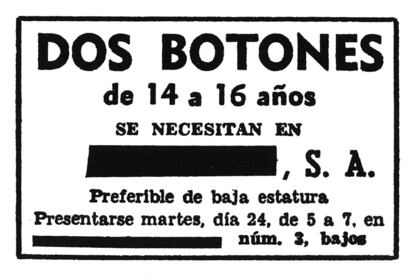 Anuncio asombroso para reclutar botones publicado en un diario de Madrid. Sobran los comentarios.