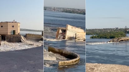 Imágenes de los daños en la presa de Nova Kajovka, situada en el sureste de Ucrania, este martes.