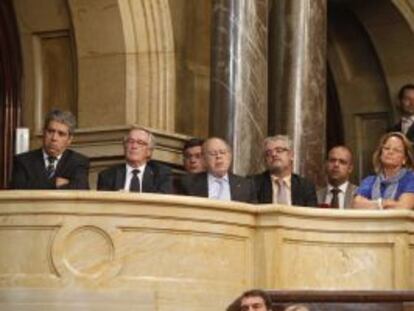 Francesc Homs, Xavier Trias y Jordi Pujol, durante el discurso de Artur Mas.