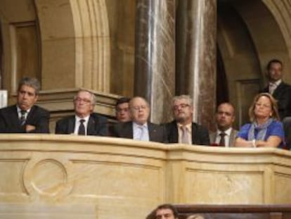 Francesc Homs, Xavier Trias y Jordi Pujol, durante el discurso de Artur Mas.