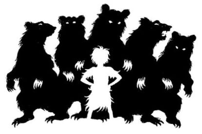 Peter Pan se enfrenta a un grupo de osos en uno de los dibujos que ilustran <i>Peter Pan de rojo escarlata.</i>