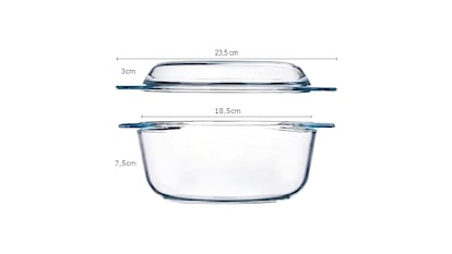Glass baking dish on white background.