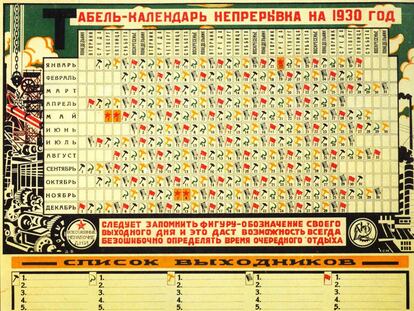 Calendario soviético de 1930 con cinco días por semana, uno de ellos de descanso aunque diferente según grupos sociales. 