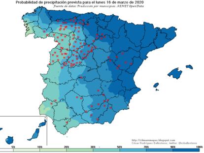 Probabilidad de precipitación prevista para el lunes 16, los puntos rojos son nieve. CÉSAR RODRÍGUEZ BALLESTEROS / AEMET