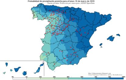 Probabilidad de precipitación prevista para el lunes 16, los puntos rojos son nieve. CÉSAR RODRÍGUEZ BALLESTEROS / AEMET