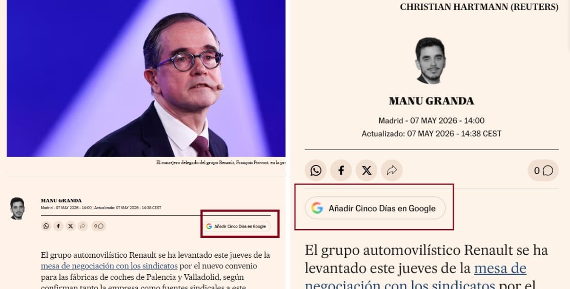 El botón que acompaña los artículos de CincoDías para poder elegir al medio como fuente de preferencia en Google.