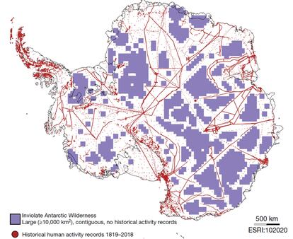 Los puntos y líneas rojizos marcan la huella de las actividades humanas desde 1819.