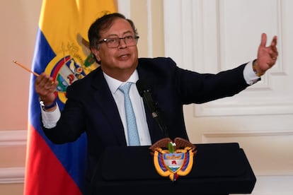Gustavo Petro pronuncia un discurso en el Palacio de Nariño, en Bogotá, en marzo de 2024.