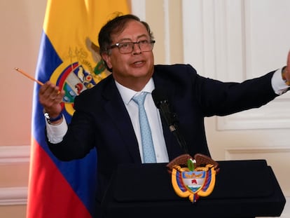 Gustavo Petro pronuncia un discurso en el Palacio de Nariño, en Bogotá, en marzo de 2024.