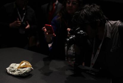 Los perdiodistas fotografían un simil de taco mexicano relleno de riñones de conejo, una de las creaciones de Quique Dacosta en Madrid Fusión.