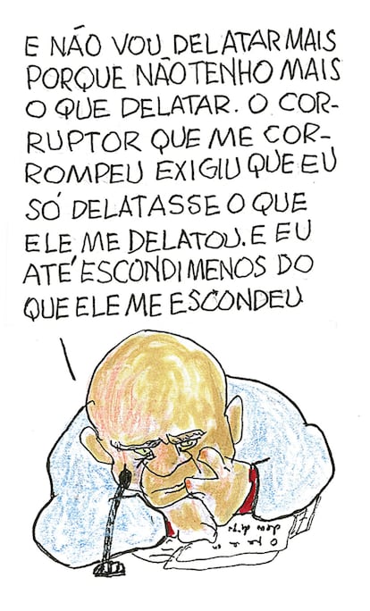 A obra faz jus a um dos famosos aforismos de Millôr: "o Brasil tem um passado enorme pela frente", com temas que vão e vem na esfera pública, como corrupção e desespero na vida nacional. <p>Desenho, 2005. Nanquim, hidrocor, crayon, colagem e grafite sobre papel, 21 x 29,6 cm. </p>