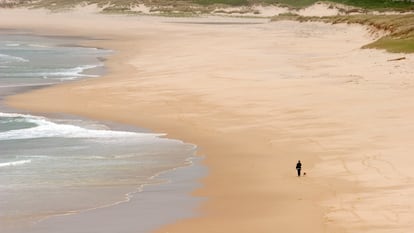 Una mujer de paseo con su perro por la playa de Doniños, en Ferrol (A Coruña).