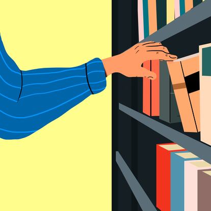 Hand of student picking book from bookshelf against yellow background