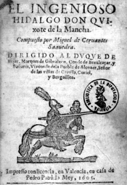 Portada del <i>Quijote</i> de 1605 guardado en la Biblioteca Valenciana.