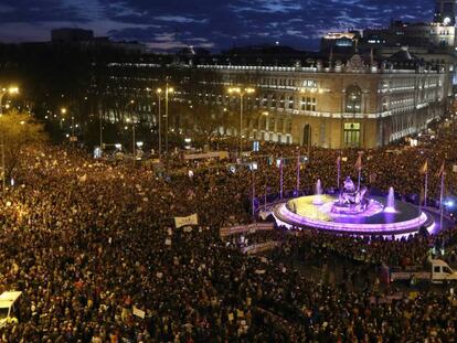 Manifestacion del pasado 8 de marzo. En la imagen, la fuente de la Cibeles, en el centro de Madrid. 