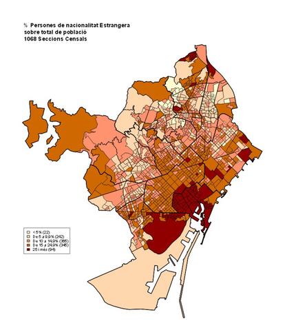 Percentatge de persones de nacionalitat estrangera, per seccions censals, sobre el total de la població.