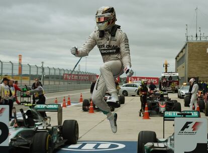 Hamilton celebra la victoria en el circuito de Austin (EE UU), en octubre de 2015.