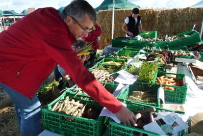 El chef Michel Bras elige vegetales en uno de los puestos del campamento.