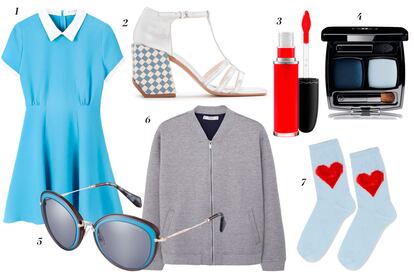 1. Kling Vestido con cuellos de camisa 2. Bimba y Lola Zapatos con tacón estampado 3. MAC Labial 'Retro Matte Liquid' 4. Chanel Sombras de ojos azules 5. Miu Miu Gafas de sol 6. Mango Chaqueta bomber gris 7. Topshop Calcetines con detalle de corazón.