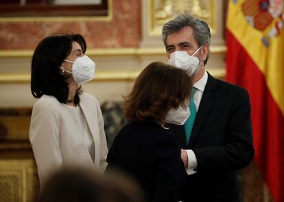 La presidenta del Senado, Pilar Llop (a la izquierda) y el presidente del Tribunal Supremo Carlos Lesmes en los actos que conmemoran el fracaso del golpe de Estado del 23-F.