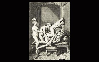 ‘Filosofía en el tocador’ (1795) es uno de los más célebres títulos del divino Marqués de Sade, y esta escena de lo que ahora se llamaría un ‘gangbang’ (tipo de orgía) en el mundo del porno era una de las que ilustraba el libro. En la obra de Sade, del que viene el término 'sadismo', siempre el vicio sale victorioso frente a la virtud, y está plagada de escenas de sexo extremo y violencia, lo que le llevó a pasar 27 años (en tiempos de la Revolución Francesa) encerrado en fortalezas y manicomios, tomado por loco y libertino.