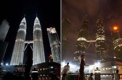 Combinación de las torres gemelas en Malasia del antes y el después de la 'Hora del planeta'