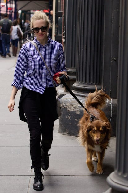 Lejos de estrenos y alfombras rojas, Amanda Seyfried apuesta por la comodidad a la hora de salir a pasear acompañada de su perro. Camisa de cuadros, pitillos y botas son los básicos dentro del armario de la actriz.