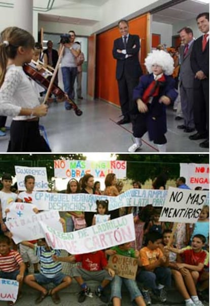 El presidente Francisco Camps y el consejero Alejandro Font de Mora, ayer en el colegio El Murtal de Benidorm. Abajo, protestas de alumnos y padres en el colegio Miguel Hernández de Orihuela.