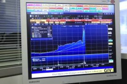 Pantalla de ordenador con un gráfico de la evolución de las acciones de Fomento de Construcciones y Contratas (FCC) que eran las que más subían dentro del principal indicador de la Bolsa española, el IBEX 35, el 10,69 %, después de conocerse que el fundador de Microsoft, Bill Gates, ha comprado el 6 % del capital de la empresa. De esta forma, poco después de la apertura de la sesión, los títulos de FCC cotizaban a 17,34 euros, después de subir el 10,69 %.