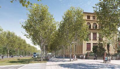 Imagen virtual de cómo quedaría, cortado al tráfico, el cruce entre Diagonal, Aragó y Sardenya.