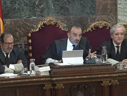 Los magistrados Martínez Arrieta, Marchena y Berdugo, durane el juicio del procés. 
