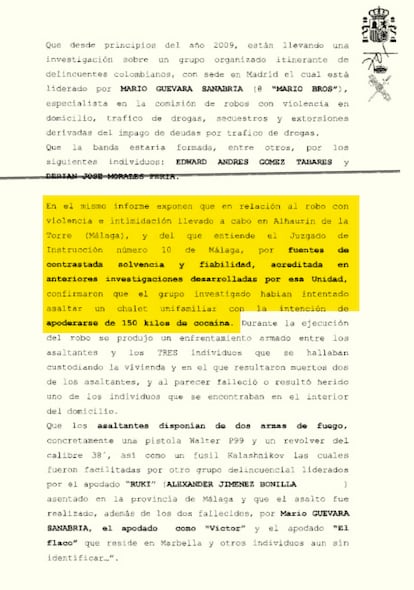 Extracto del informe de la Policía Nacional acerca de las actividades de los investigados y de su intención de ir a Málaga a robar droga.