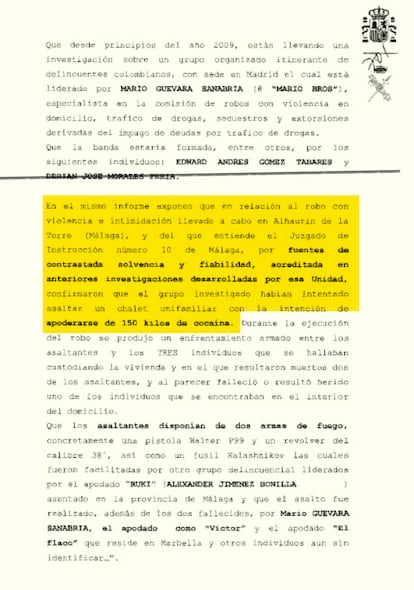 Extracto del informe de la Policía Nacional acerca de las actividades de los investigados y de su intención de ir a Málaga a robar droga. 