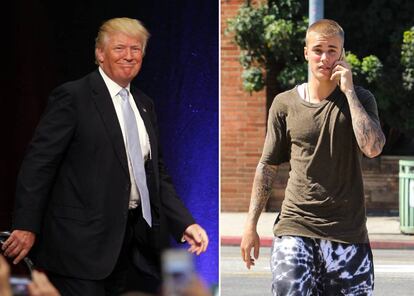 El candidato republicano Donald Trump y, a la derecha, el cantante Justin Bieber.