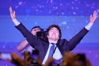 Javier Milei, at his campaign headquarters after polling stations closed in Buenos Aires. 