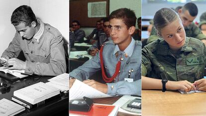 Desde la izquierda, el entonces príncipe Juan Carlos en la Academia General Miliar de Zaragoza, en diciembre de 1955; el entonces príncipe Felipe en la Academia, en octubre de 1985, y la princesa Leonor, el pasado viernes en la misma Academia.