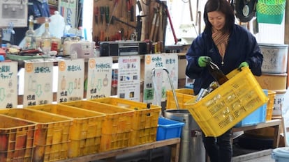 Una mujer en un puesto de reciclaje de Shikoku.