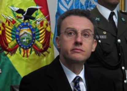 El responsable de la UNODC en Bolivia, el italiano Antonino de Leo, presenta el "Informe de Monitoreo de Cultivos de Hoja de Coca" en un acto en La Paz (Bolivia) al que asistió el presidente del país, Evo Morales.