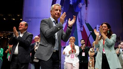 Basque premier Iñigo Urkullu, from the Basque Nationalist Party, celebrates his win on Sunday.