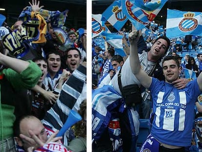 Seguidores del Zaragoza y del Espanyol muestran su entusiasmo en apoyo de sus respectivos equipos.