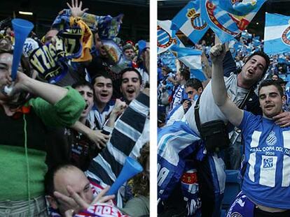 Seguidores del Zaragoza y del Espanyol muestran su entusiasmo en apoyo de sus respectivos equipos.