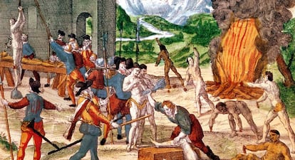 Cuadro que ilustra a los hombres del conquistador Hernando de Soto torturando indígenas.