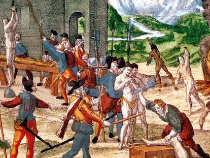 Cuadro que ilustra a los hombres del conquistador Hernando de Soto torturando ind&iacute;genas.
