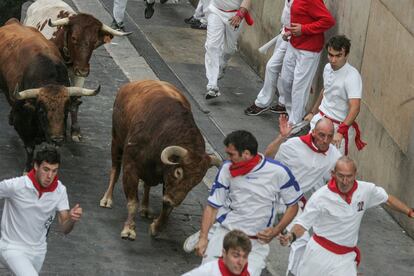 Los toros de Jandilla en Santo Domingo, durante el quinto encierro.