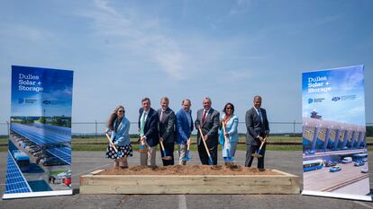 Groundbreaking ceremony for the Dulles Solar and Storage project, the largest ever solar project developed at a US airport, at Dulles International Airport in Dulles, Virginia, USA, 22 August 2023.