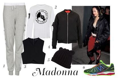 El look deportivo de Madonna: 1. Pantalón sport de Topshop (35 euros). 2. Sudadera de Topman (50 euros). 3. Top negro de Zara (39 euros). 4. Bomber negra de Topshop (64 euros). 5. Gorro con orejitas de Zara (7,95 euros). 6. New Balance (c.p.v).