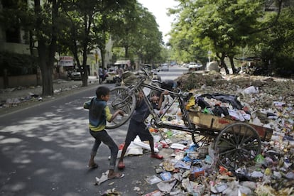 Niños recolectores de basura descargan residuos en un vertedero de Nueva Delhi (India). En el marco del Día Mundial contra el Trabajo Infantil 2015 la Organización Internacional del Trabajo (OIT) ha informado que alrededor de 168 millones de niños trabajan en todo el mundo, de los cuales 120 millones tienen entre 5 y 14 años.
