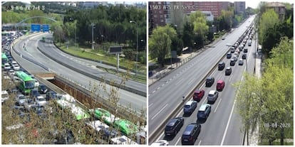 Traffic on the A6 highway (l) and on the A5 highway on Wednesday.