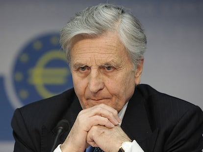 El presidente del BCE, Jean Claude Trichet, durante la rueda de prensa en Francfort.